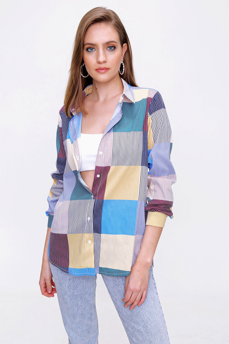 3908 Çok Renkli Ekoseli Poplin Gömlek - Bordo - BİGDART