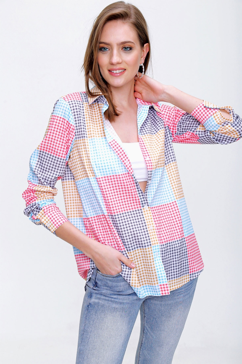 3908 Çok Renkli Ekoseli Poplin Gömlek - Siyah - BİGDART