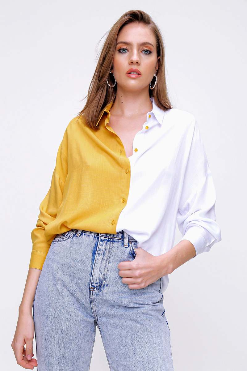 3919 Blok Renkli Oversize Gömlek - Hardal - BİGDART