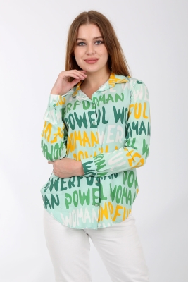 3934 Slogan Desenli Viskon Gömlek - Mint - BİGDART