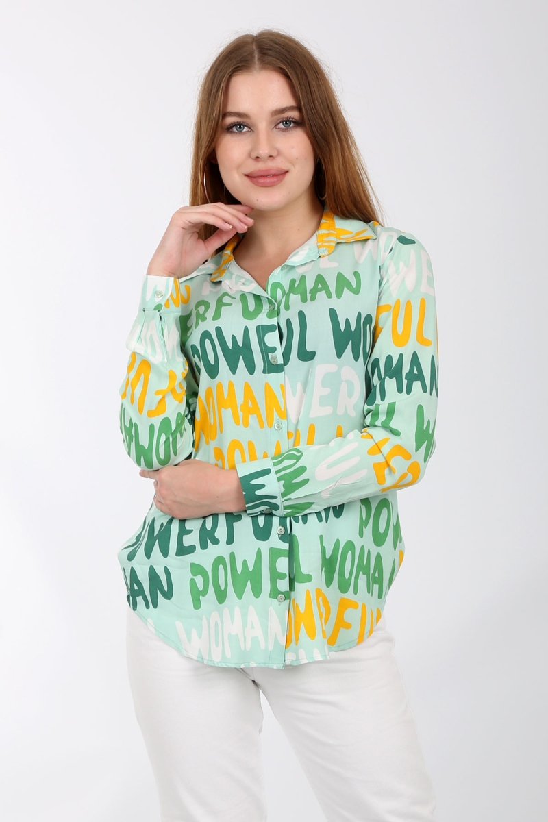 3934 Slogan Desenli Viskon Gömlek - Mint - BİGDART