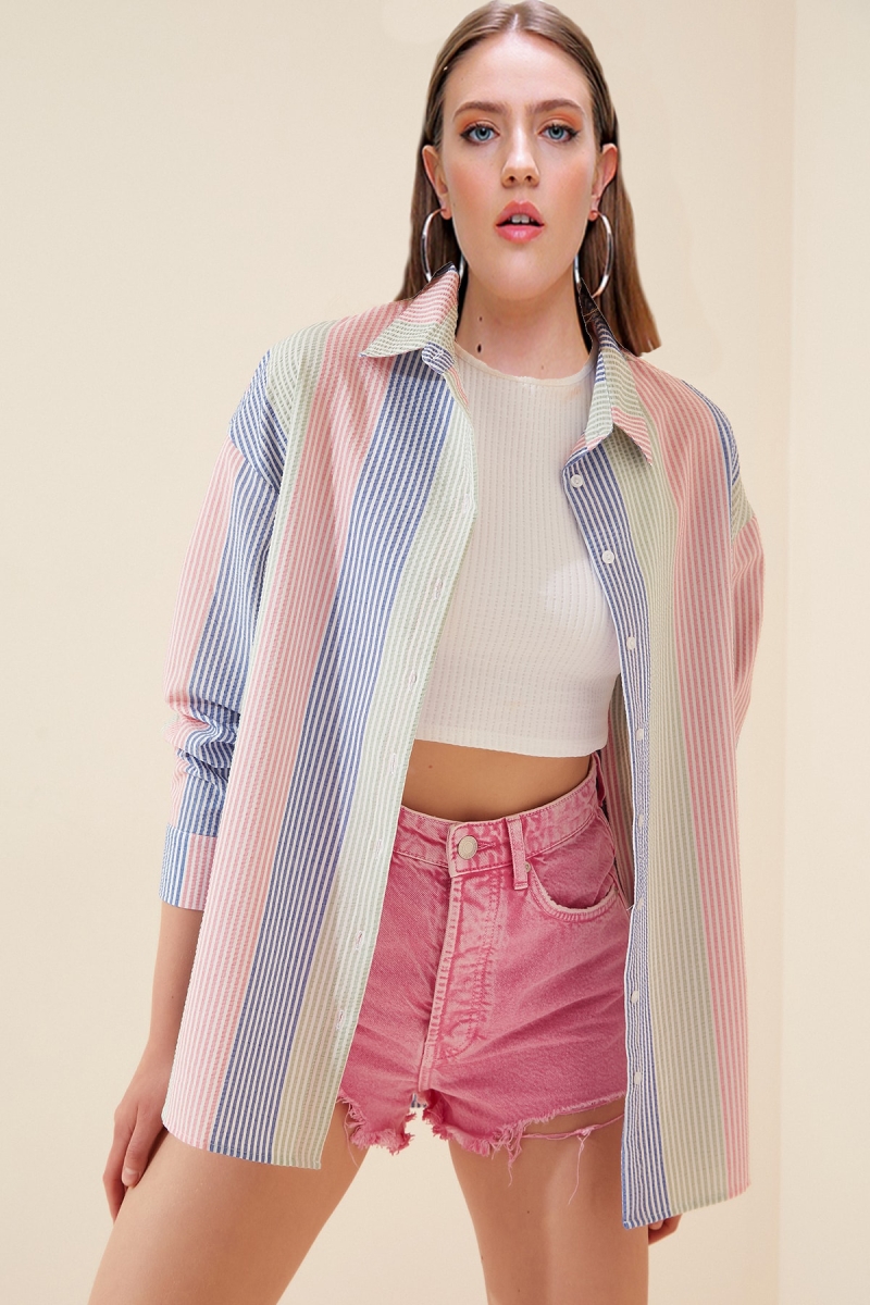 3938 Çok Renkli Oversize Gömlek - Mavi - BİGDART