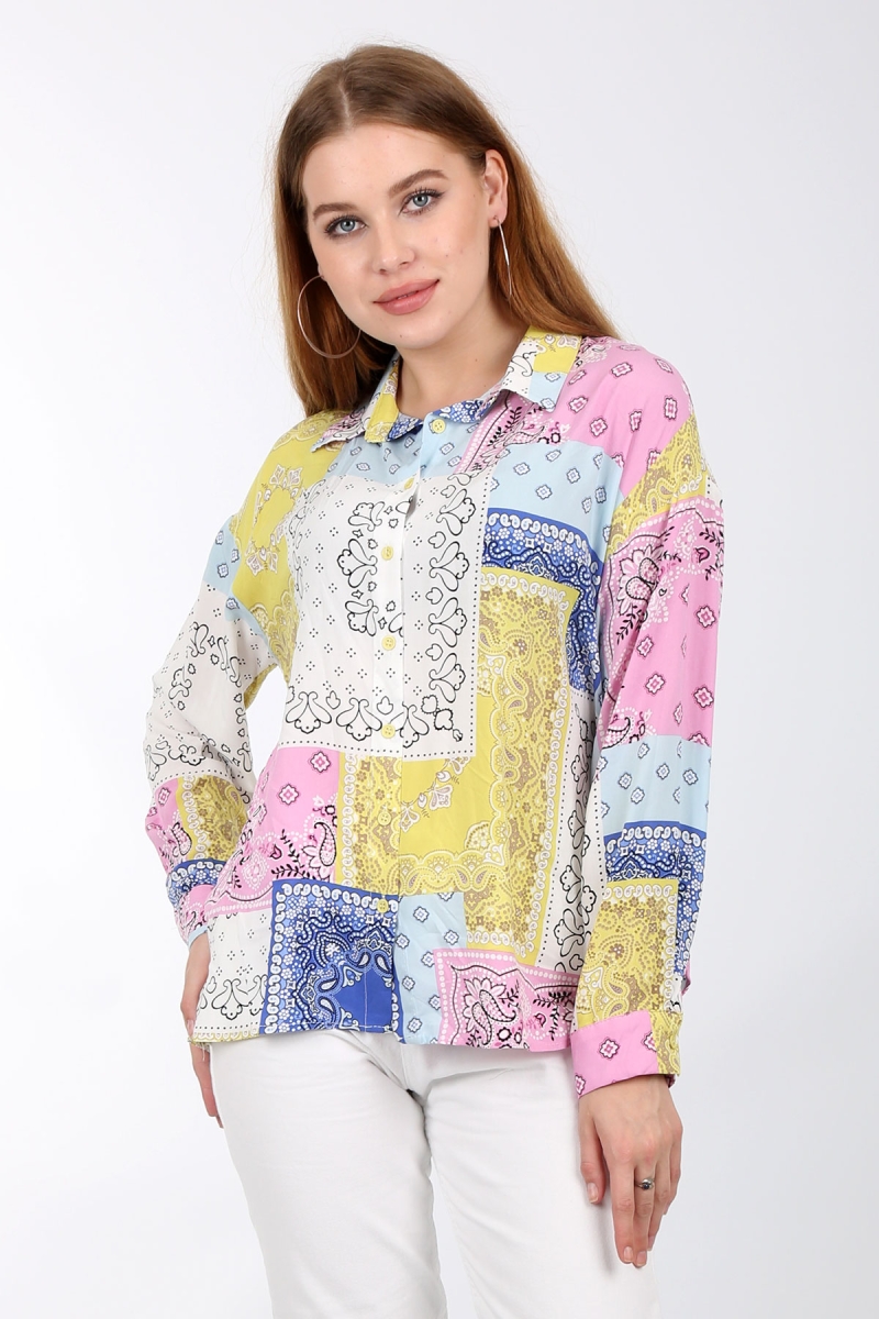 3942 Pano Desenli Viskon Gömlek - Sarı - BİGDART