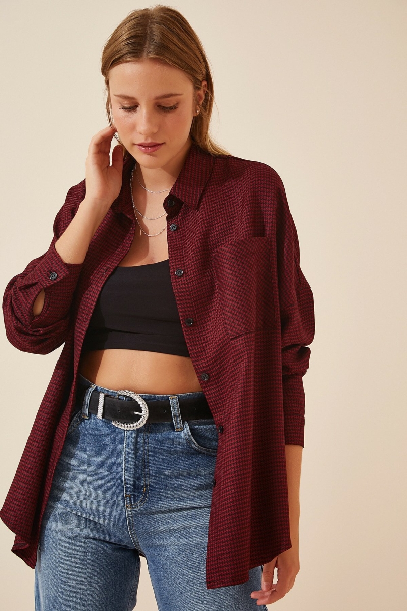 3955 Kazayağı Oversize Gömlek - Bordo - BİGDART