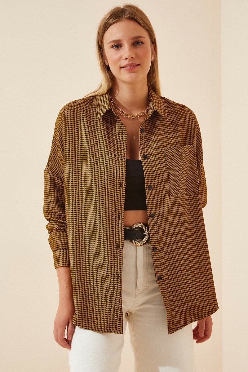 3955 Kazayağı Oversize Gömlek - Hardal - BİGDART