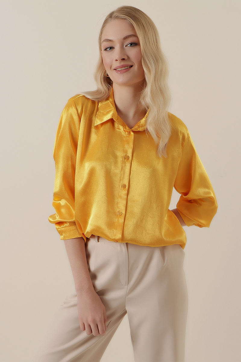 3964 Hafif Dökümlü Saten Gömlek - A.Sarı - BİGDART