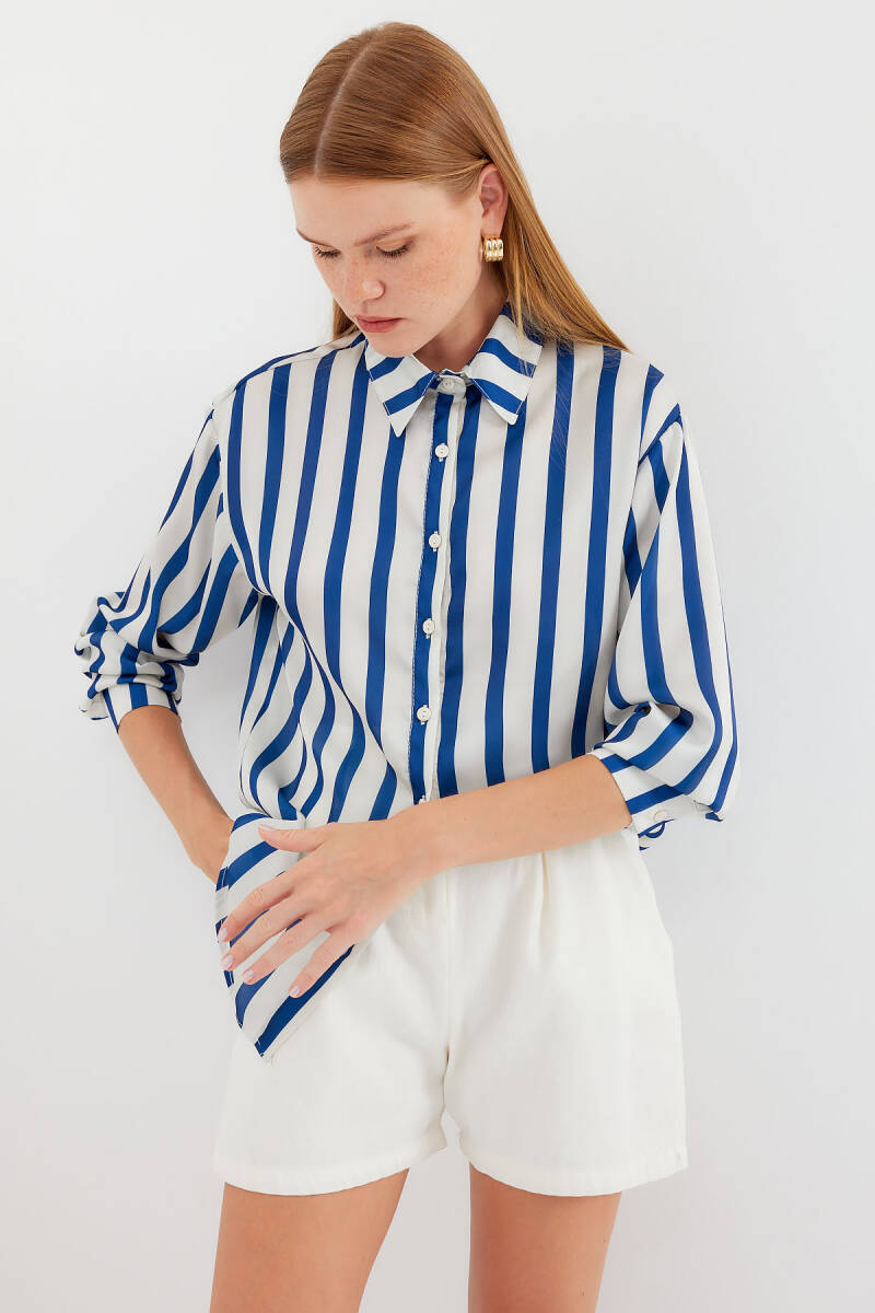 3964 Hafif Dökümlü Saten Gömlek - B.Lacivert - BİGDART