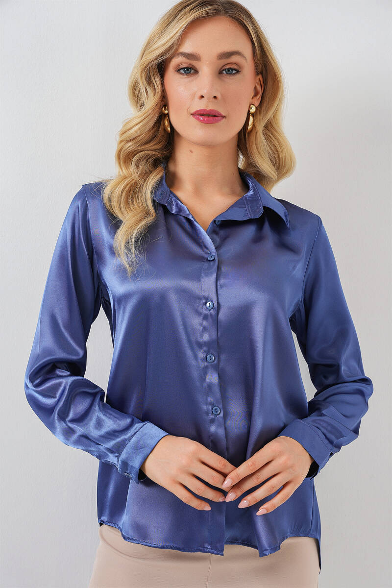 3964 Hafif Dökümlü Saten Gömlek - C.Lacivert - BİGDART