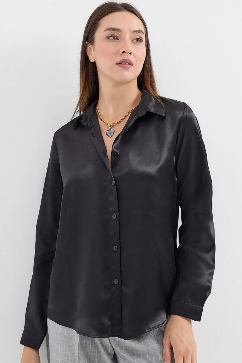3964 Hafif Dökümlü Saten Gömlek - Siyah - BİGDART