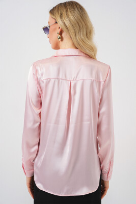 3964 Hafif Dökümlü Saten Gömlek - Pembe - 6