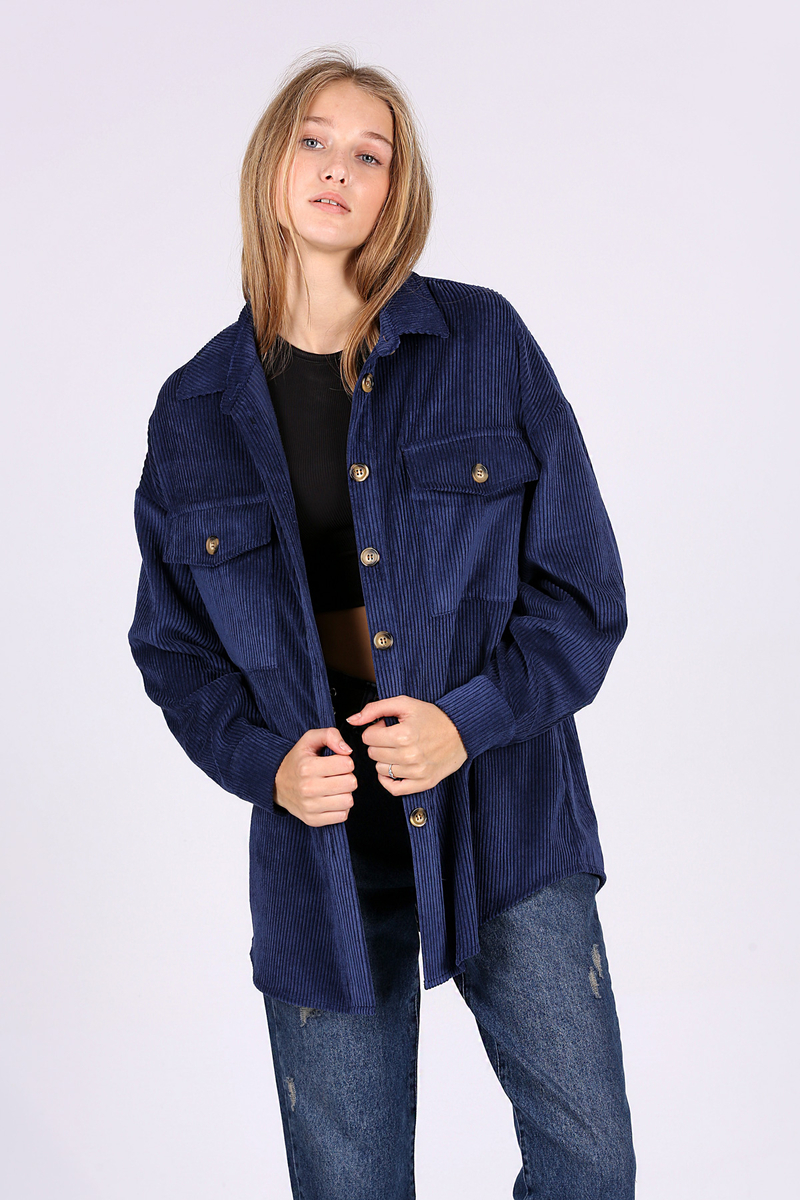3969 Çift Cepli Kadife Gömlek - Lacivert - BİGDART