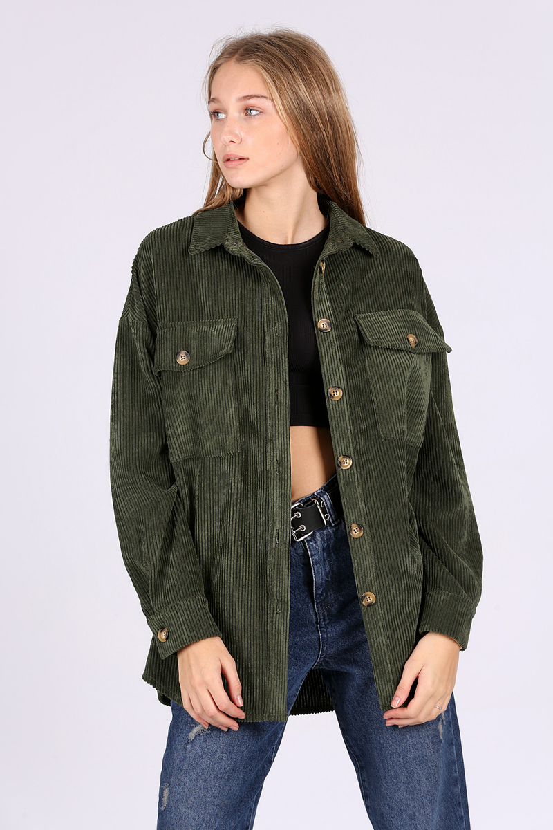 3969 Çift Cepli Kadife Gömlek - Haki - BİGDART