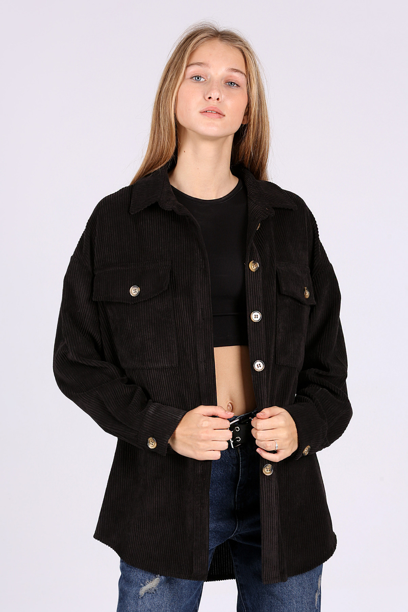 3969 Çift Cepli Kadife Gömlek - Siyah - BİGDART