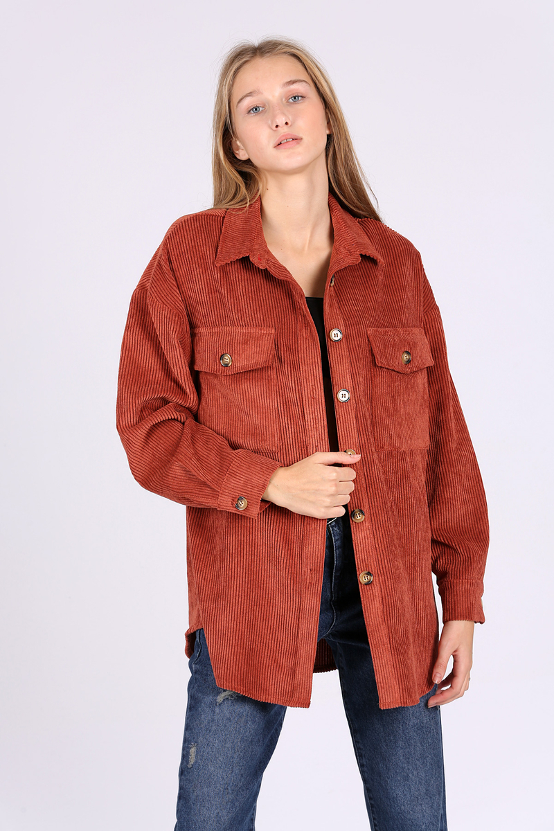 3969 Çift Cepli Kadife Gömlek - Kiremit - BİGDART