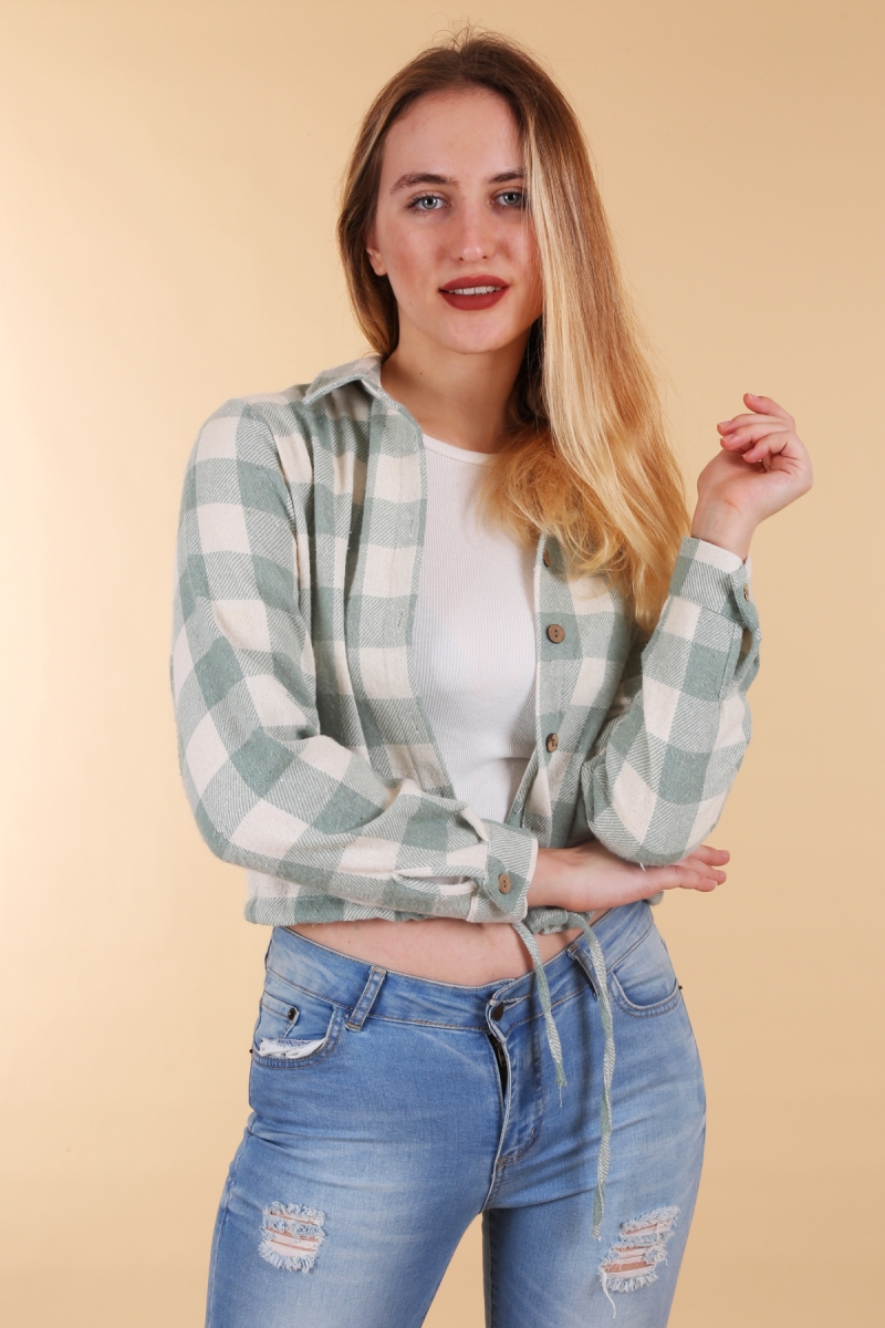 3972 Ekoseli Crop Gömlek - Yeşil - BİGDART