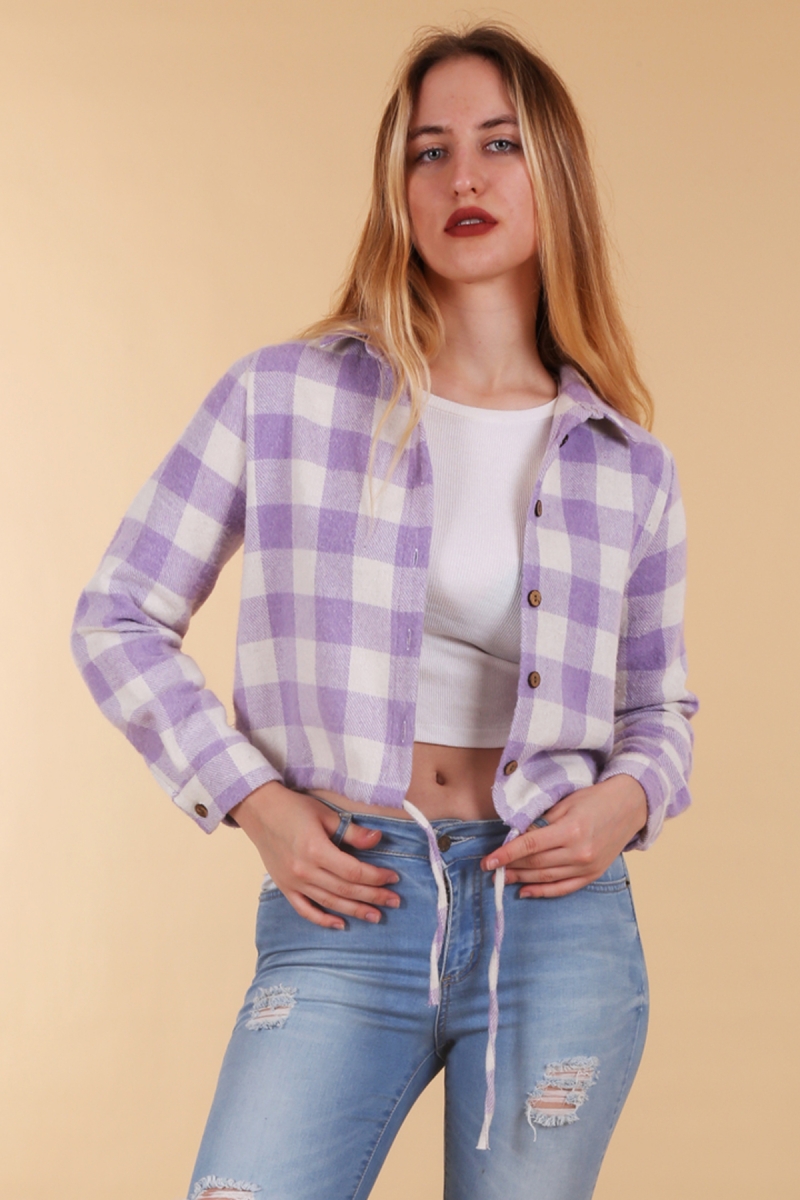 3972 Ekoseli Crop Gömlek - Lila - BİGDART
