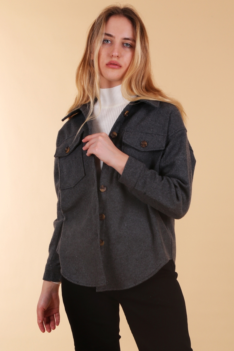 3973 Hafif Oversize Kaşe Gömlek - Füme - BİGDART