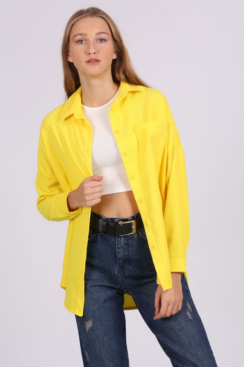 3981 Cepli Oversize Kadife Gömlek - Sarı - BİGDART