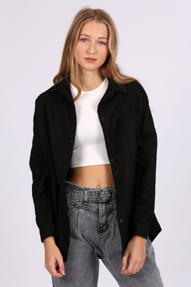 3981 Cepli Oversize Kadife Gömlek - Siyah - BİGDART
