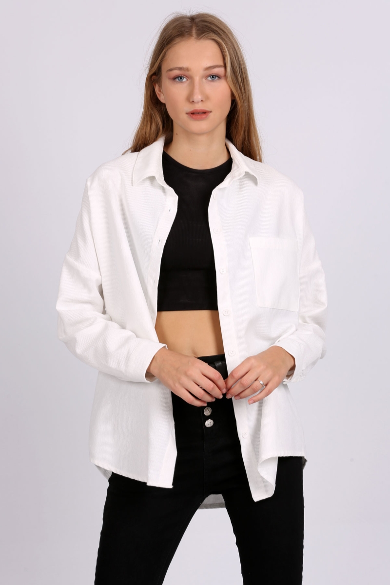 3981 Cepli Oversize Kadife Gömlek - Beyaz - BİGDART