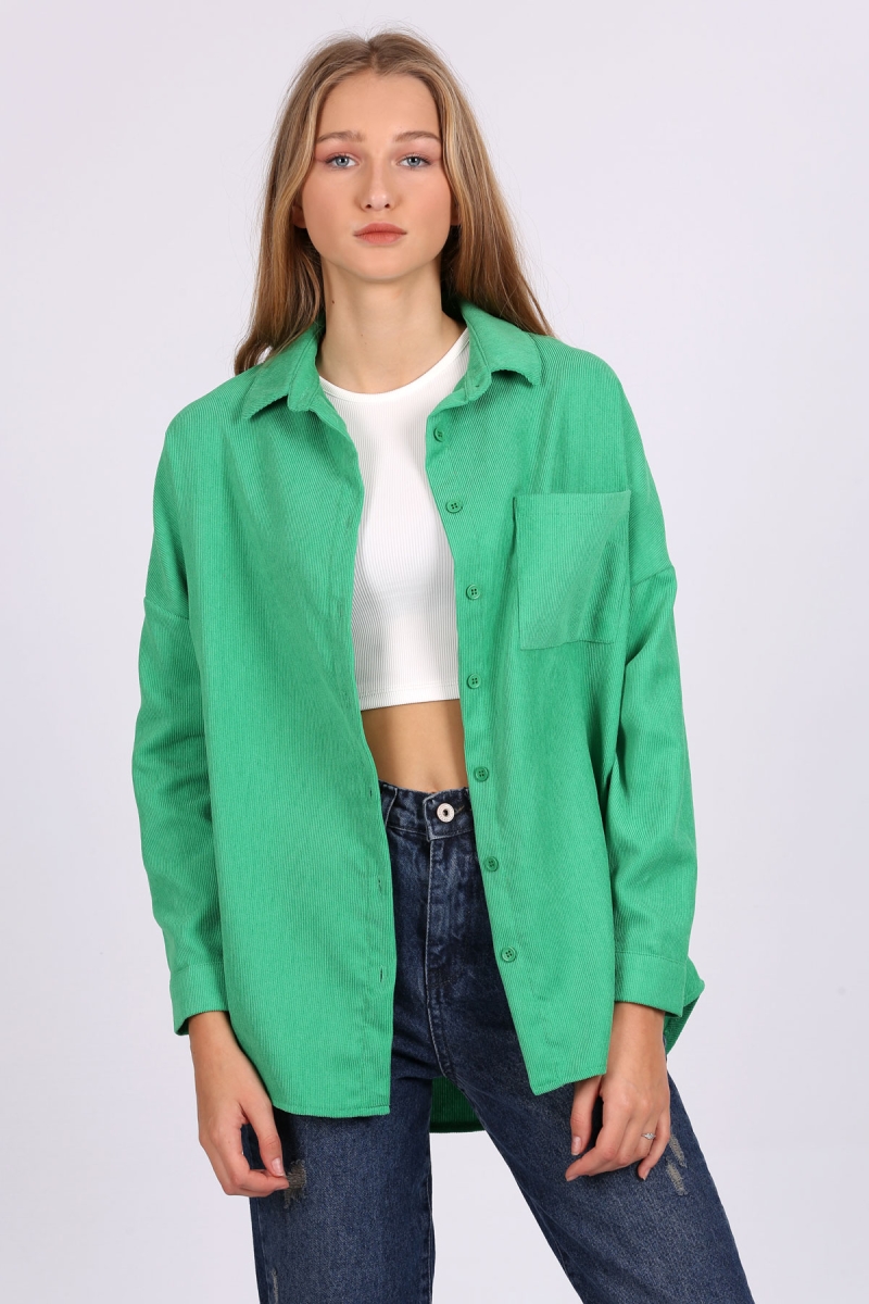 3981 Cepli Oversize Kadife Gömlek - Yeşil - BİGDART