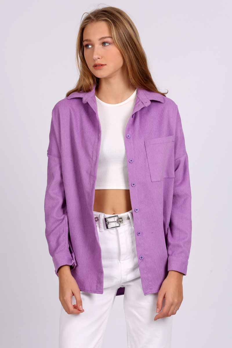 3981 Cepli Oversize Kadife Gömlek - Lila - BİGDART
