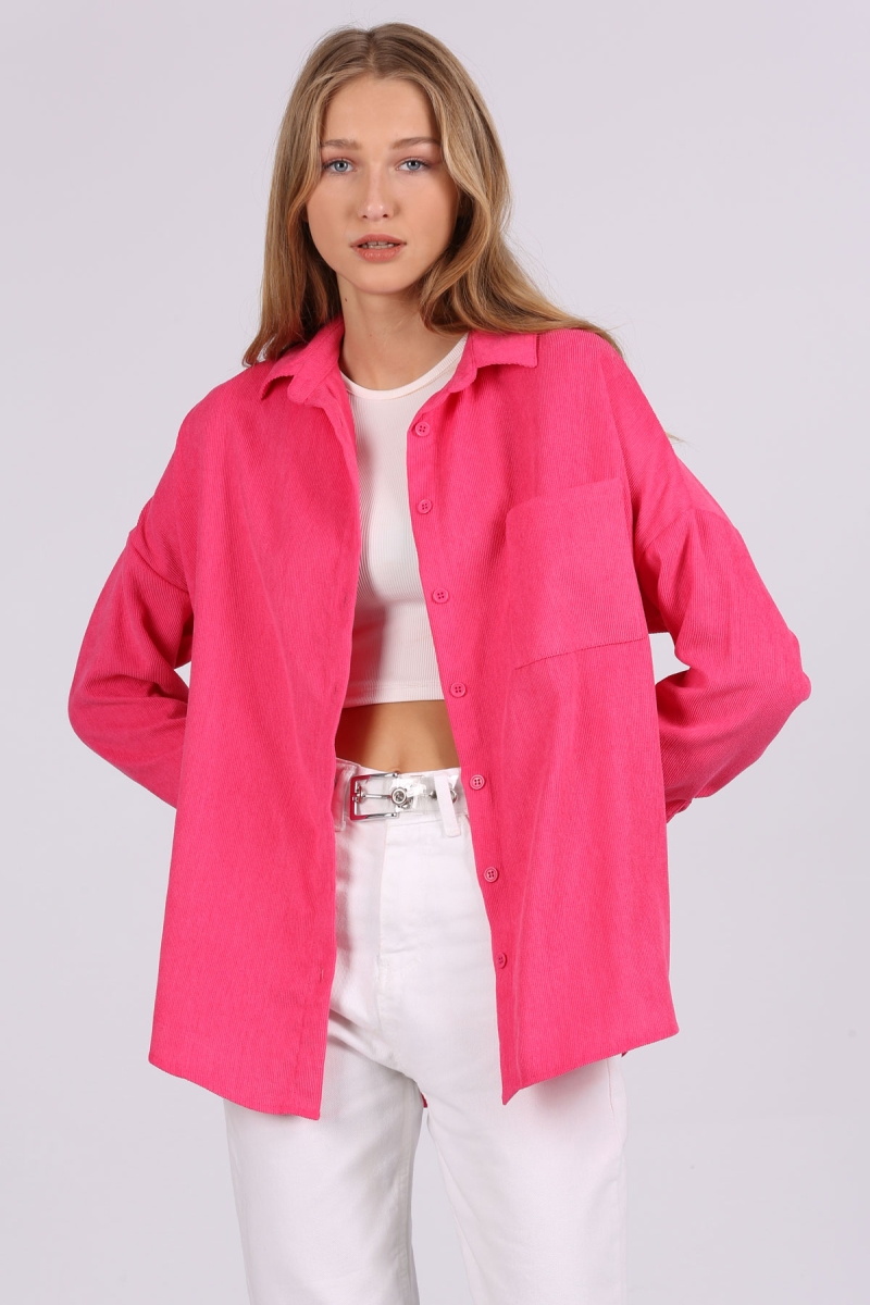 3981 Cepli Oversize Kadife Gömlek - Fuşya - BİGDART