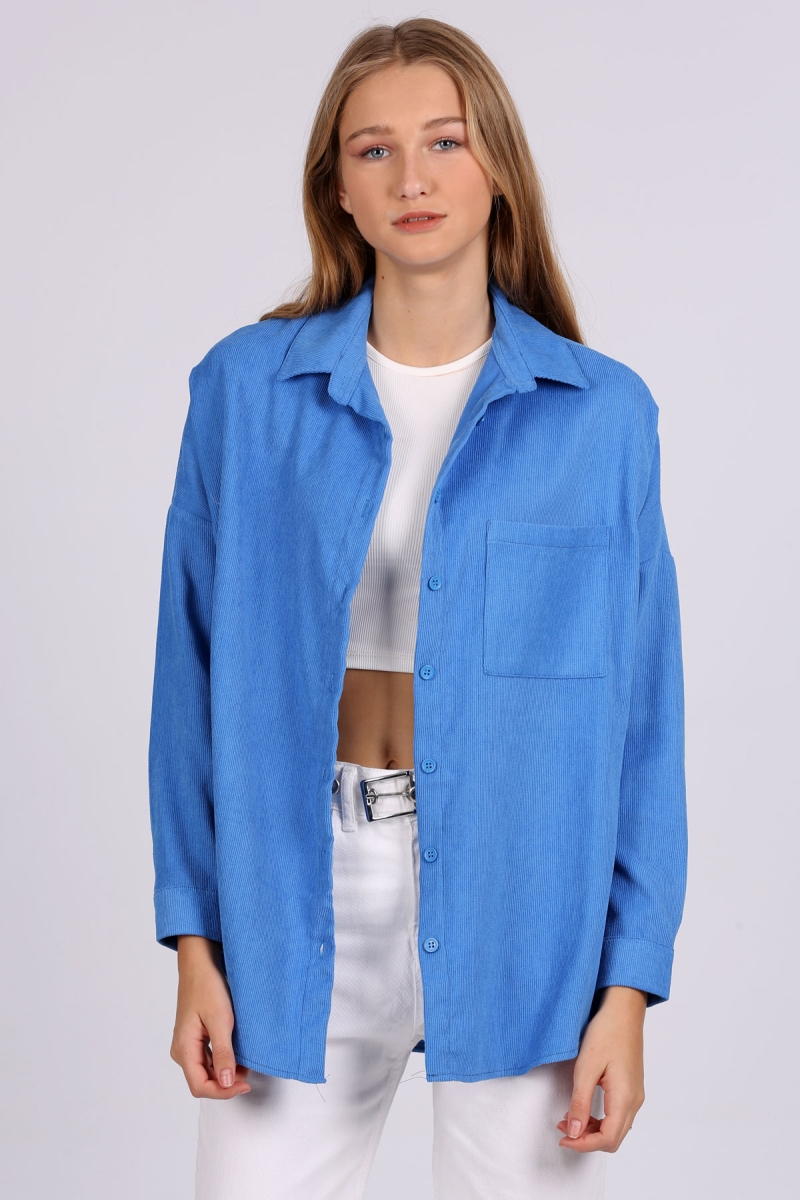 3981 Cepli Oversize Kadife Gömlek - Saks - BİGDART