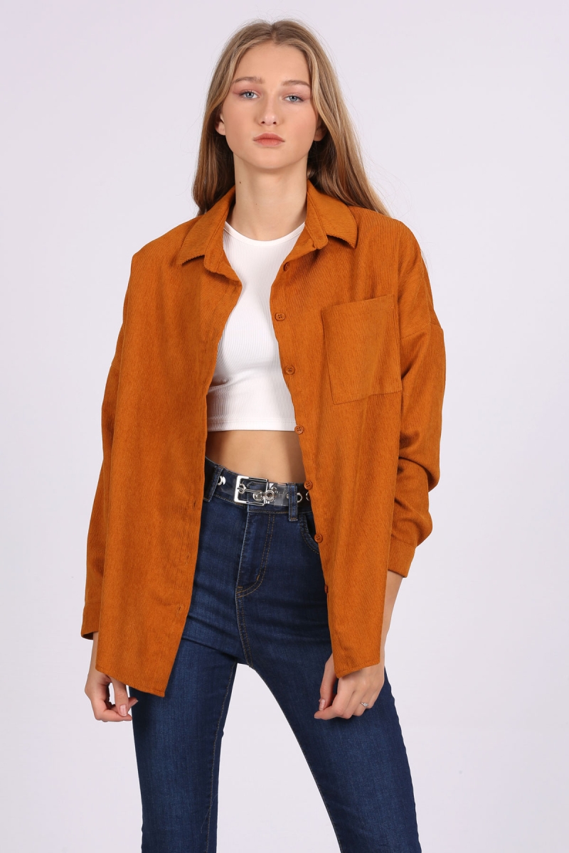 3981 Cepli Oversize Kadife Gömlek - Taba - BİGDART