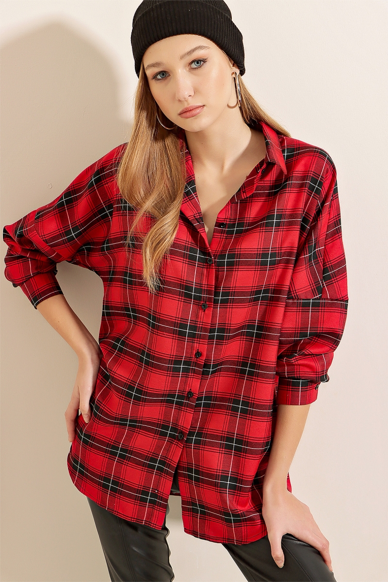 3984 Ekose Oversize Kırmızı Gömlek - Kırmızı - BİGDART