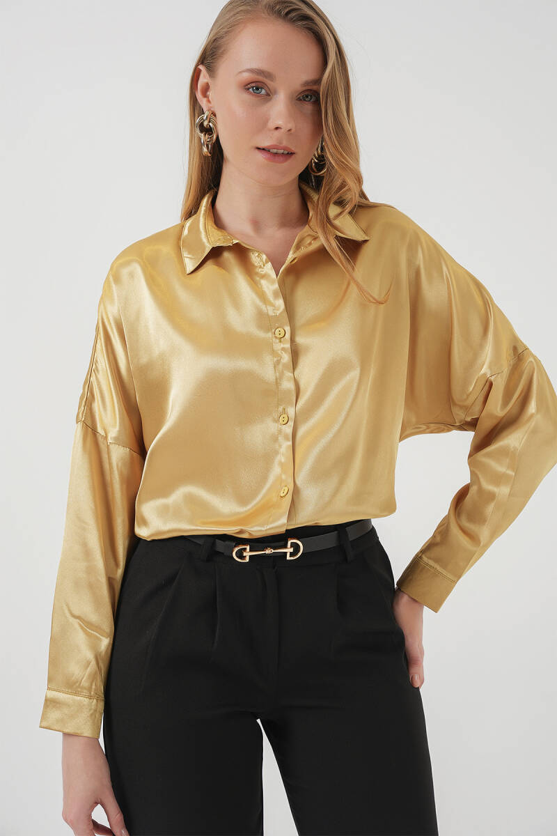 3985 Oversize Saten Gömlek - Altın Sarısı - BİGDART