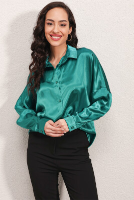 3985 Oversize Saten Gömlek - A.Yeşil - BİGDART