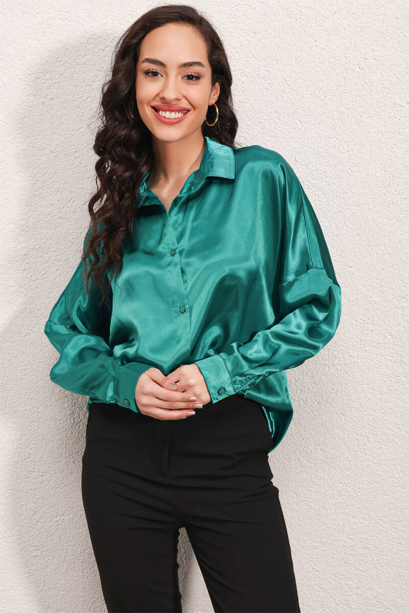3985 Oversize Saten Gömlek - A.Yeşil - BİGDART