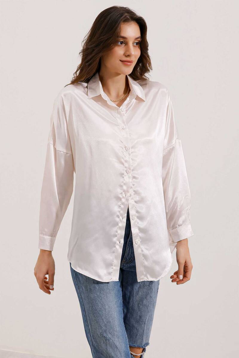 3985 Oversize Saten Gömlek - Bej - BİGDART