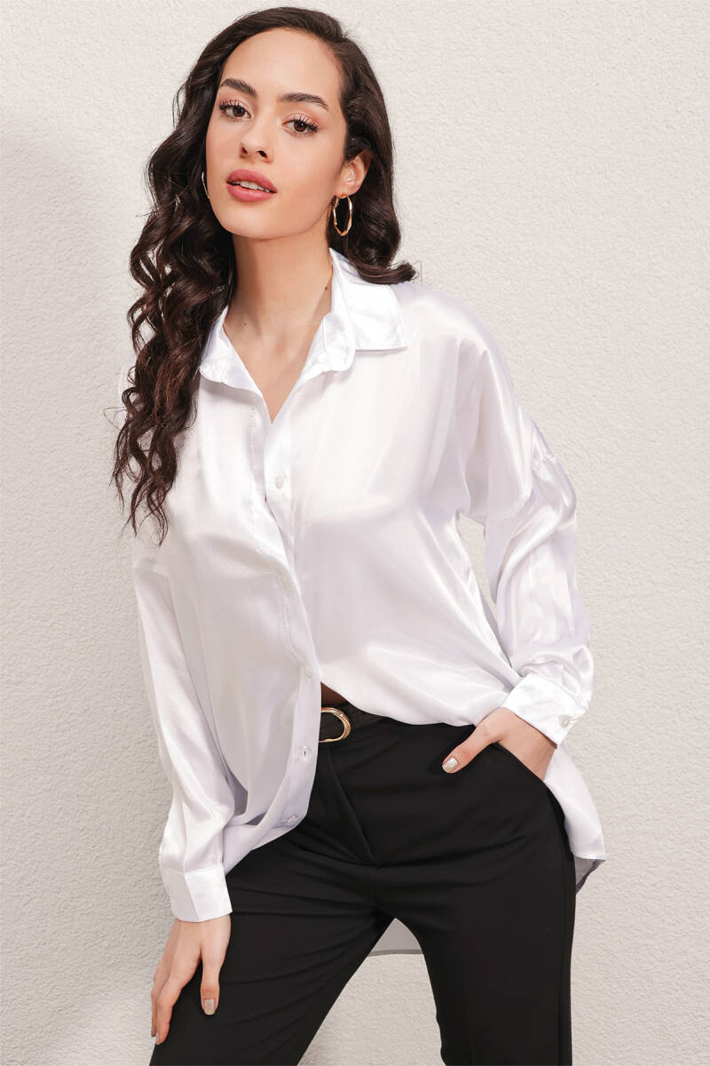 3985 Oversize Saten Gömlek - Beyaz - BİGDART