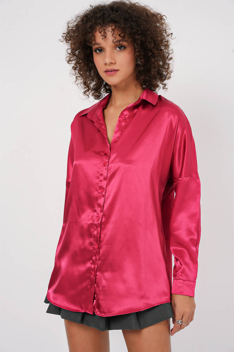 3985 Oversize Saten Gömlek - Bordo - BİGDART