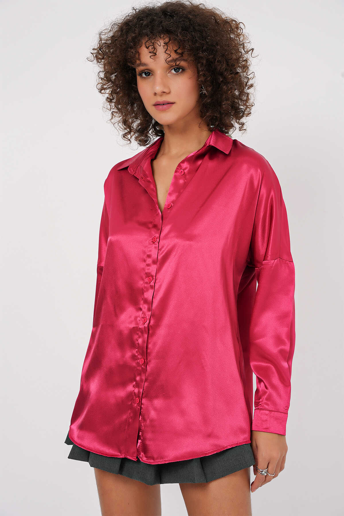 3985 Oversize Saten Gömlek - Bordo - 1