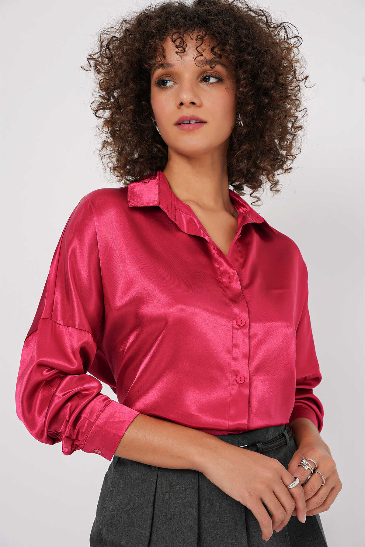 3985 Oversize Saten Gömlek - Bordo - 2