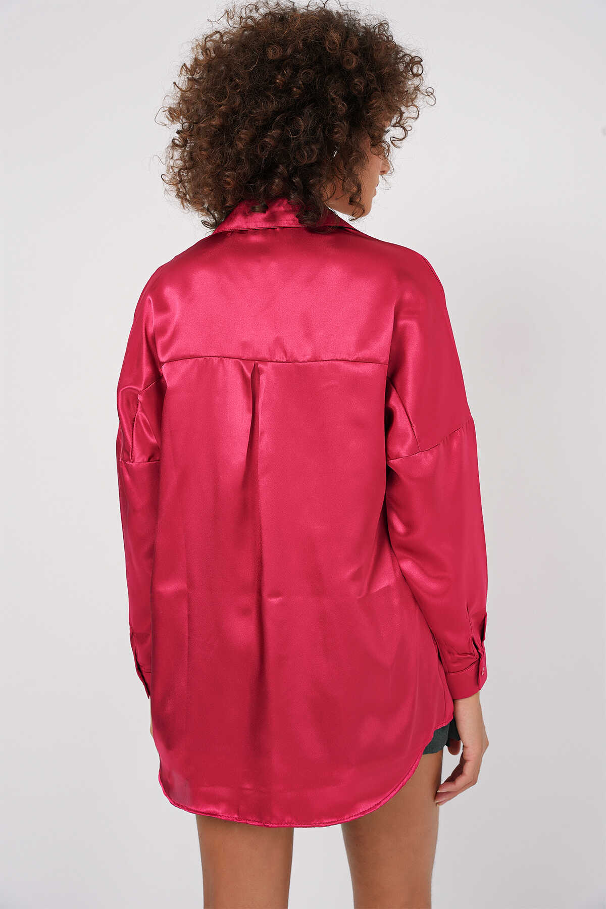 3985 Oversize Saten Gömlek - Bordo - 5