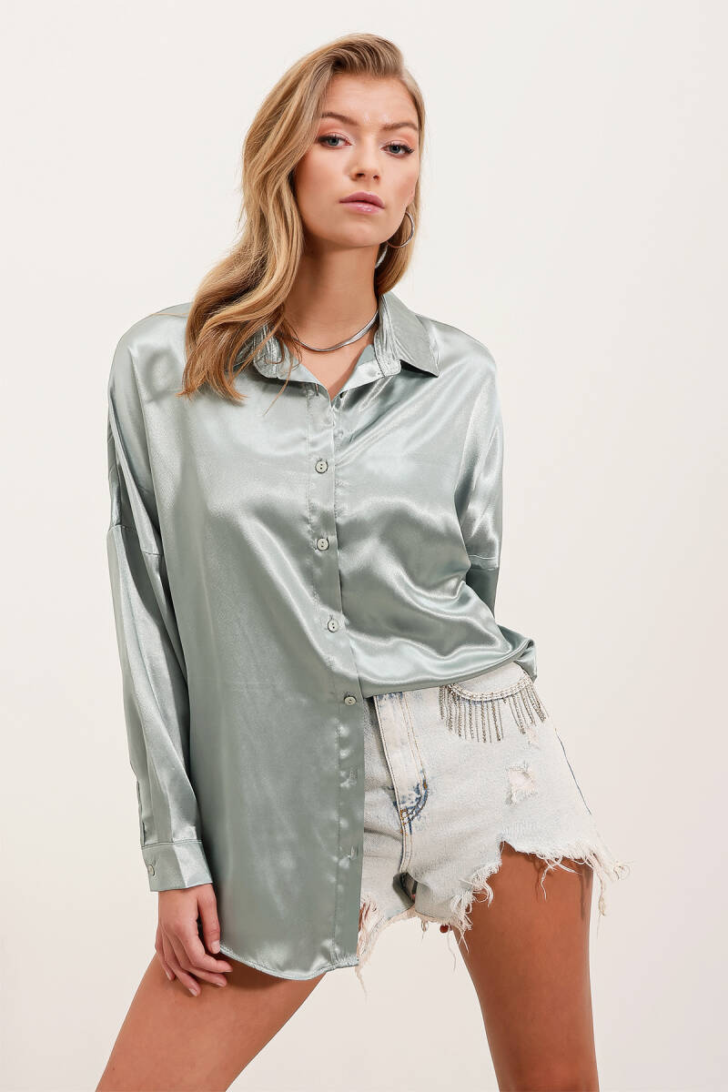 3985 Oversize Saten Gömlek - Çağla - BİGDART