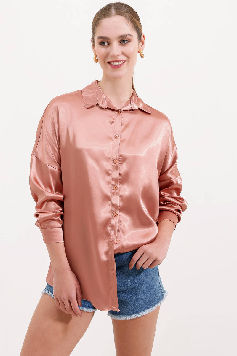 3985 Oversize Saten Gömlek - Camel - BİGDART