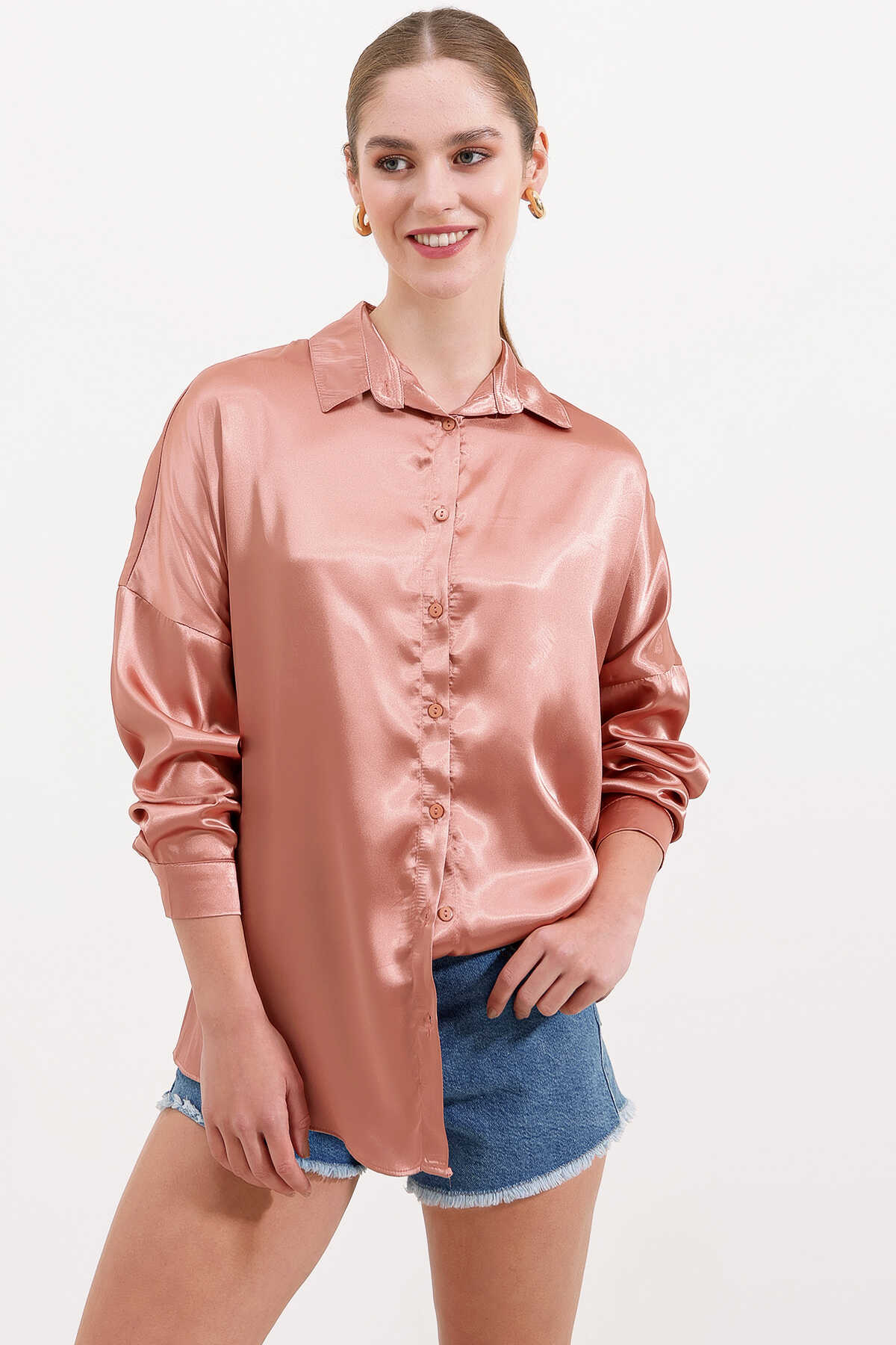 3985 Oversize Saten Gömlek - Camel - 1