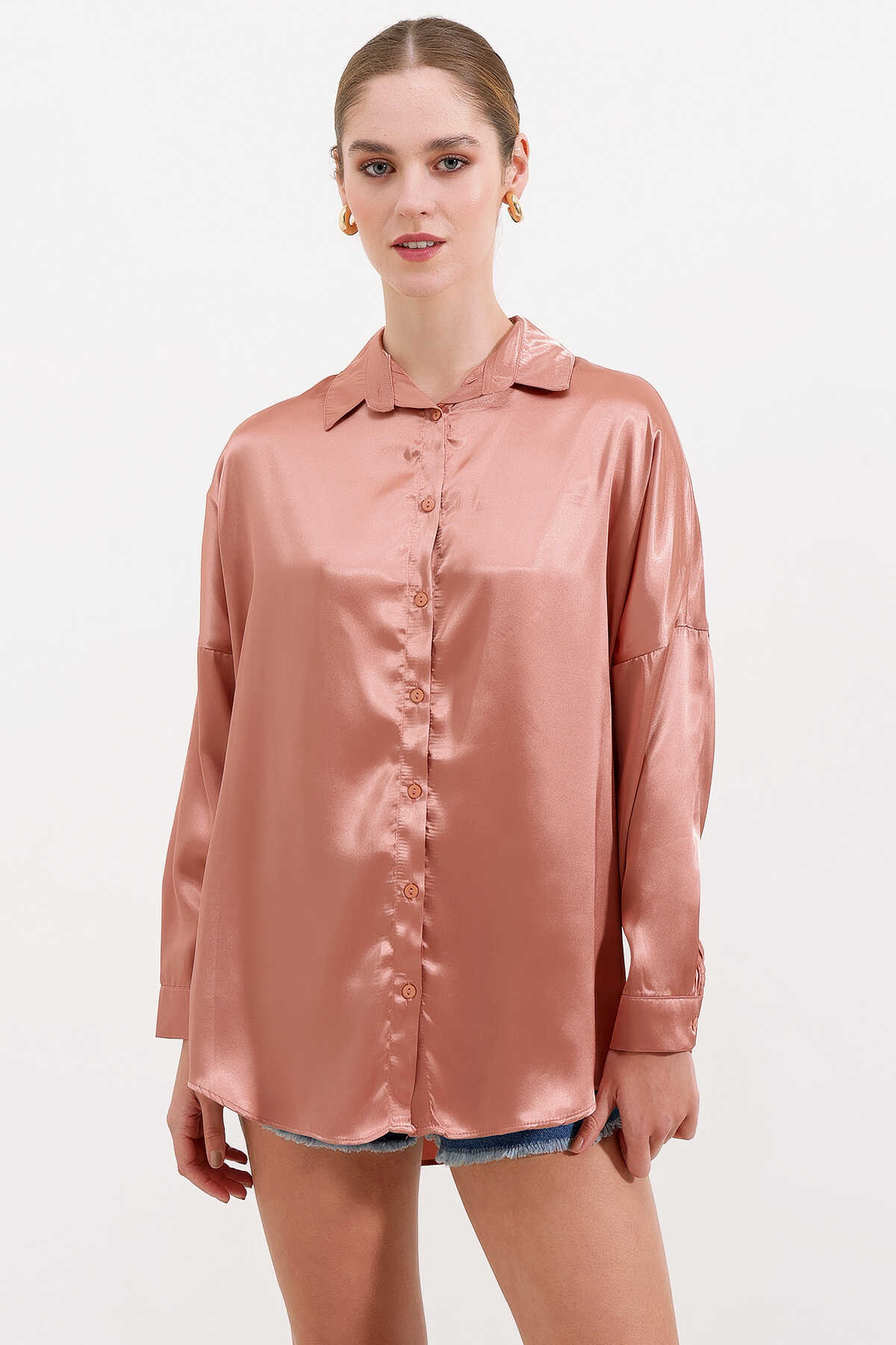 3985 Oversize Saten Gömlek - Camel - 2