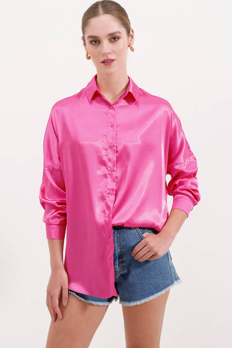 3985 Oversize Saten Gömlek - Fuşya - BİGDART