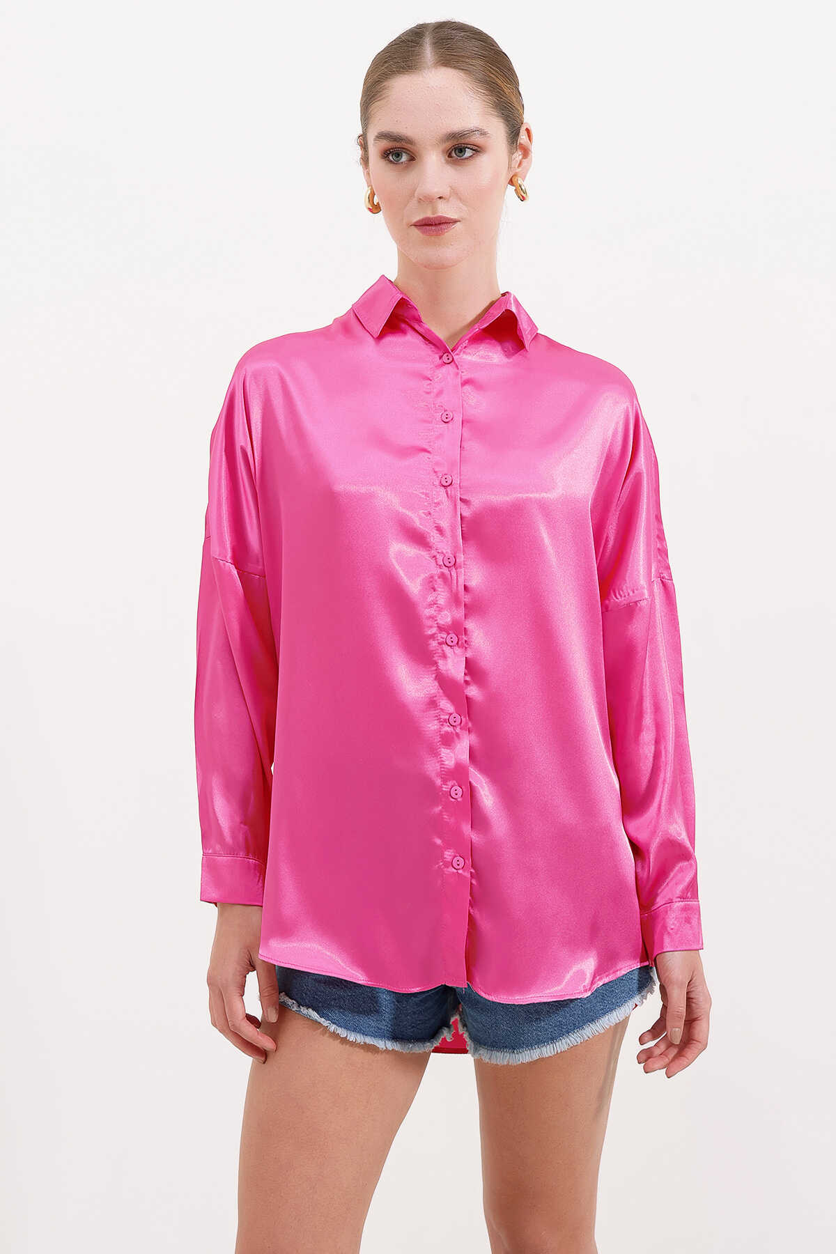 3985 Oversize Saten Gömlek - Fuşya - 2