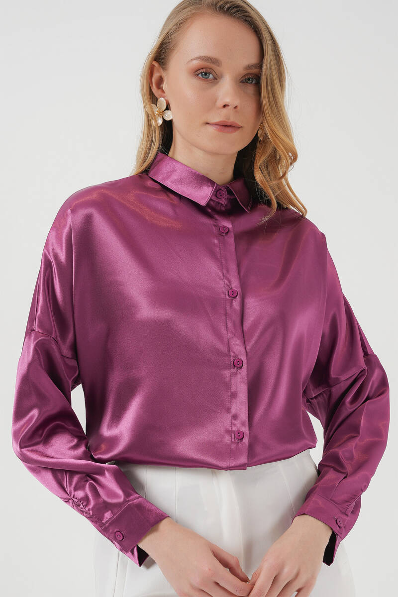 3985 Oversize Saten Gömlek - Koyu Lila - BİGDART
