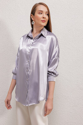 3985 Oversize Saten Gömlek - Lila - 2