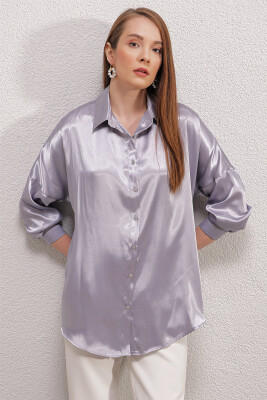 3985 Oversize Saten Gömlek - Lila - 4