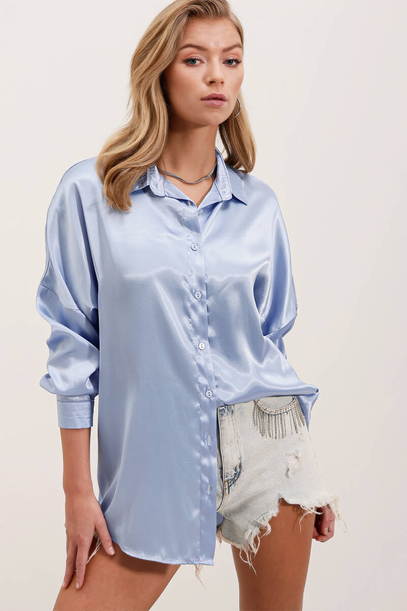 3985 Oversize Saten Gömlek - Mavi - BİGDART