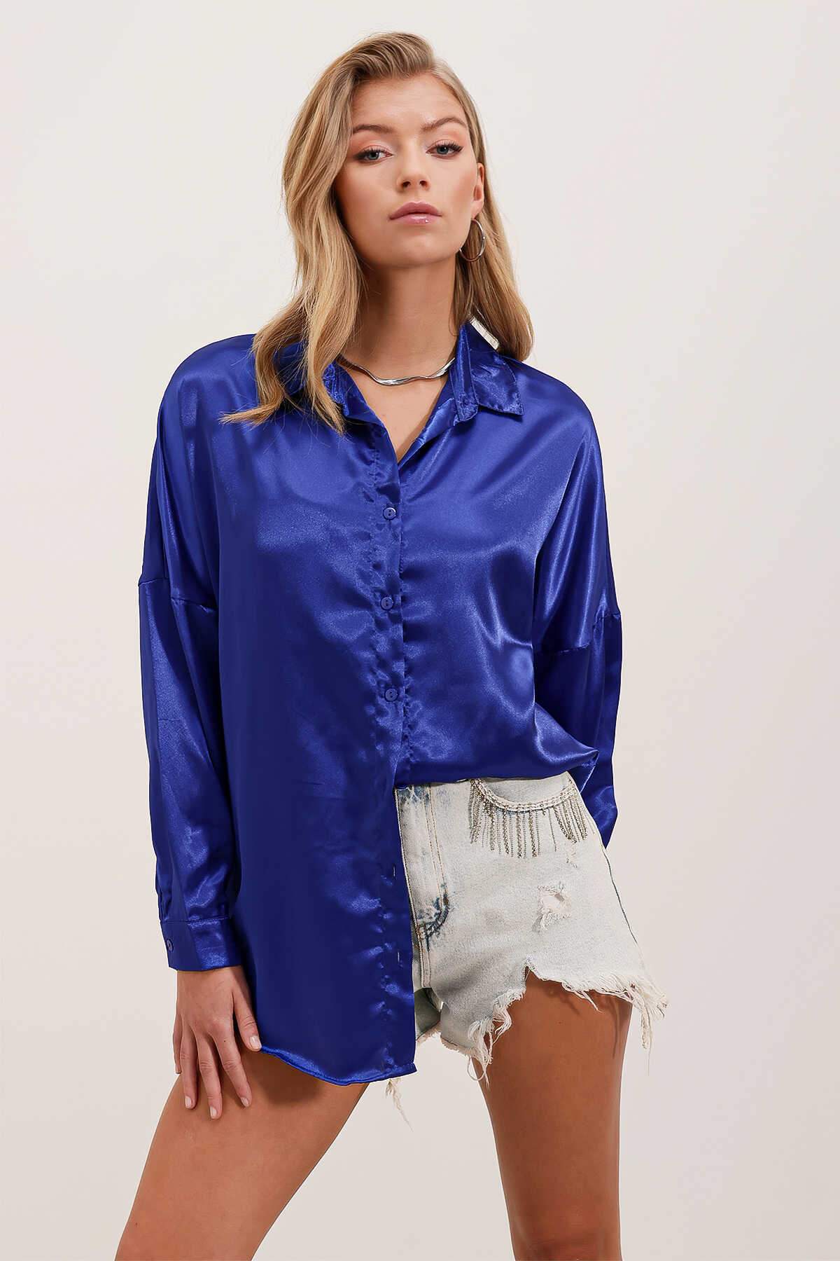 3985 Oversize Saten Gömlek - Saks - 1